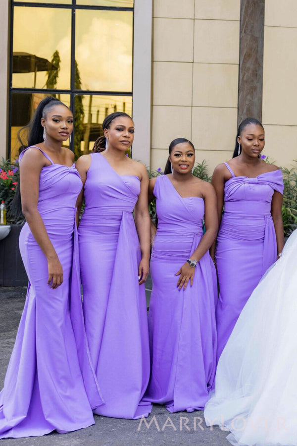 Mismatched Purple Mermaid One Shoulder Cheap Long Custom Bridesmaid Dresses , MRB0059