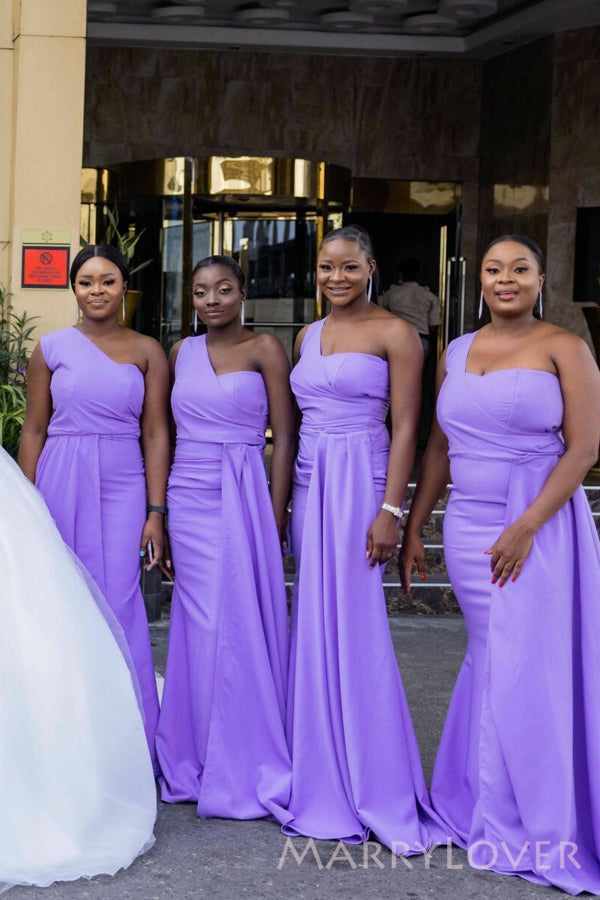 Mismatched Purple Mermaid One Shoulder Cheap Long Custom Bridesmaid Dresses , MRB0059