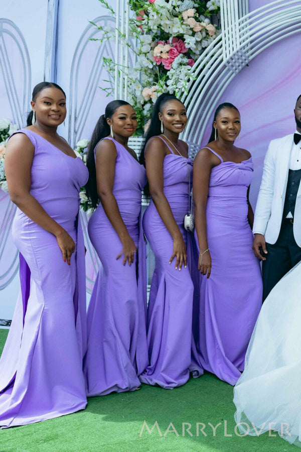 Mismatched Purple Mermaid One Shoulder Cheap Long Custom Bridesmaid Dresses , MRB0059