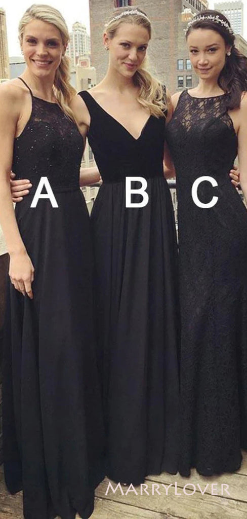 Mismatched Black Lace Cheap Long Custom Bridesmaid Dresses , MRB0062