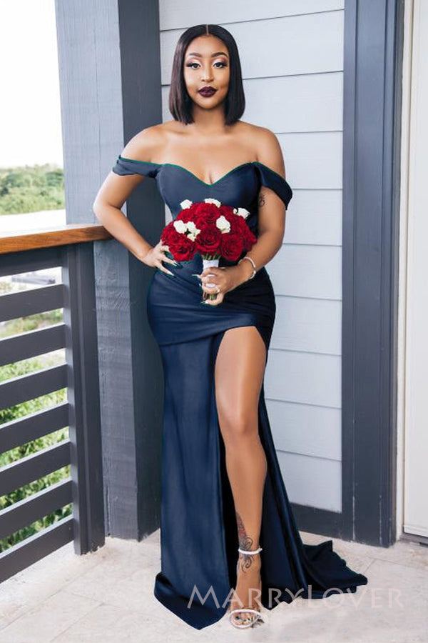 Mismatched Navy Blue Satin Mermaid Side Slit Long Cheap Custom Bridesmaid Dresses, MRB0160