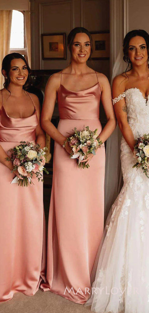 Popular Spaghetti Straps Satin Long Cheap Custom Mermaid Bridesmaid Dresses, MRB0215