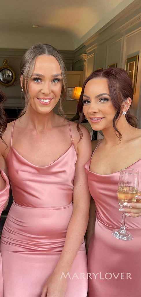 Popular Spaghetti Straps Satin Long Cheap Custom Mermaid Bridesmaid Dresses, MRB0215