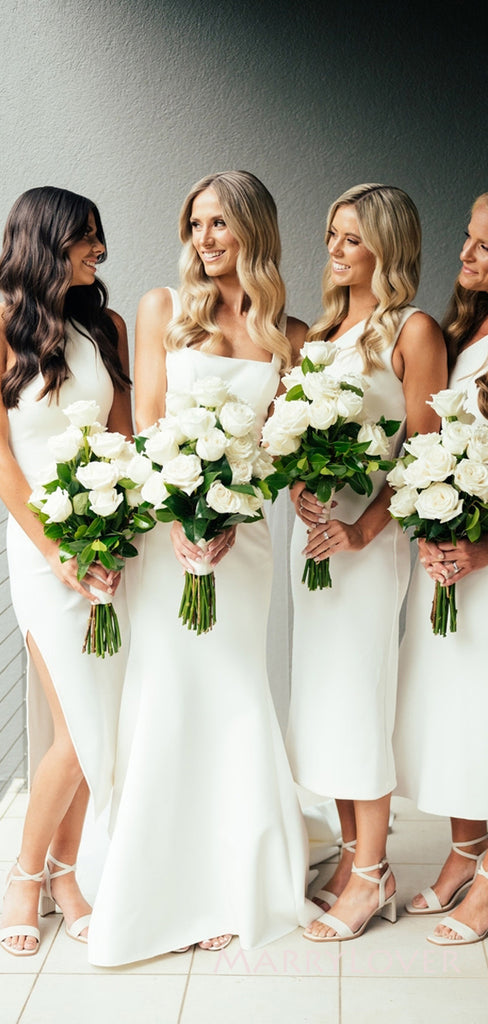 Mismatched White Satin Mermaid Long Cheap Custom Bridesmaid Dresses, MRB0219