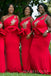 One Shoulder Red Mermaid Appliques Long Cheap Custom Bridesmaid Dresses, MRB0224