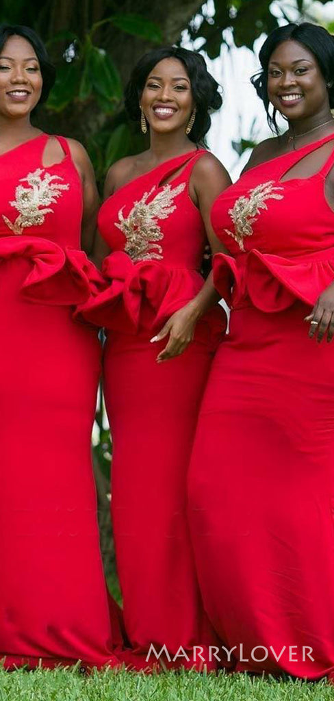 One Shoulder Red Mermaid Appliques Long Cheap Custom Bridesmaid Dresses, MRB0224