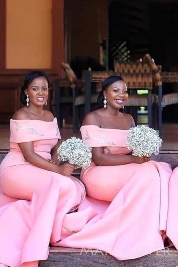 Pretty Pink Satin Appliques Mermaid Long Cheap Custom Bridesmaid Dresses, MRB0225