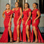 Red Satin Mermaid Side Slit Long Cheap Custom Unique Bridesmaid Dresses, MRB0233