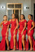 Red Satin Mermaid Side Slit Long Cheap Custom Unique Bridesmaid Dresses, MRB0233