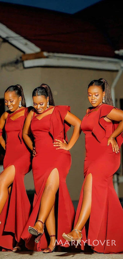 Red Satin Mermaid Side Slit Long Cheap Custom Unique Bridesmaid Dresses, MRB0233