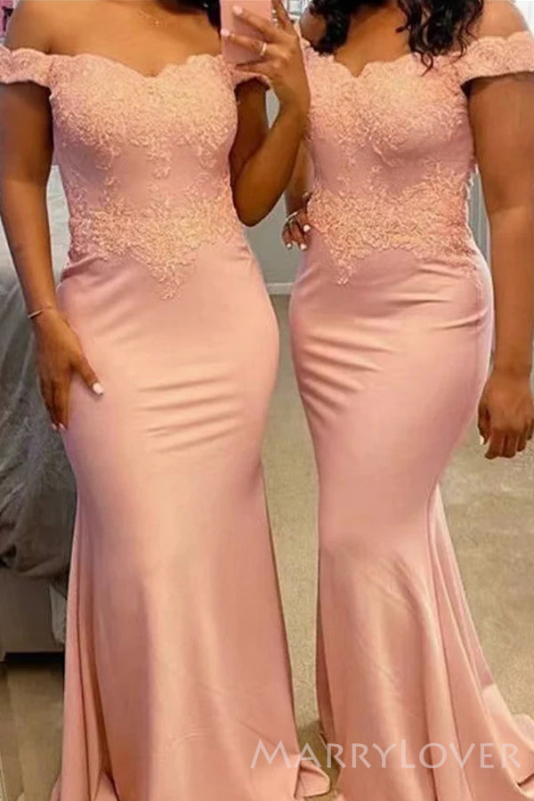 Pretty Off Shoulder Mermaid Long Cheap Custom Appliques Bridesmaid Dresses, MRB0238