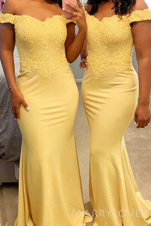 Pretty Off Shoulder Mermaid Long Cheap Custom Appliques Bridesmaid Dresses, MRB0238