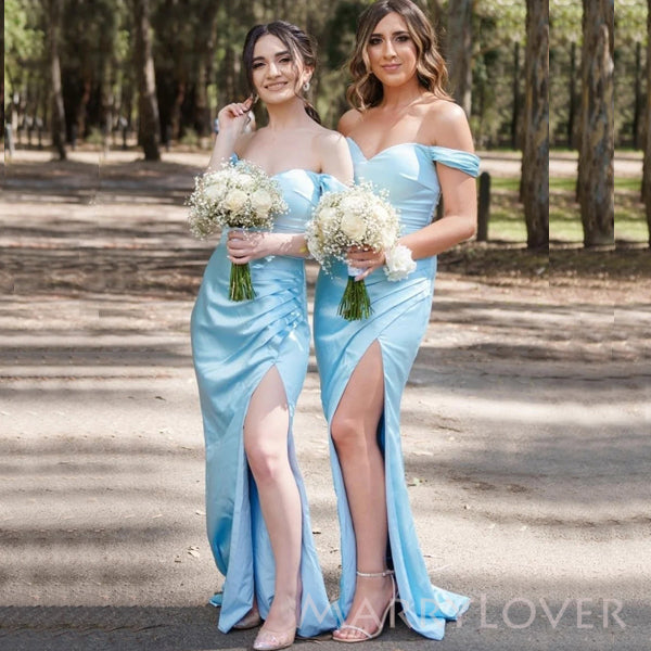 Popular Sky Blue Satin Mermaid Long Cheap Custom Off Shoulder Bridesmaid Dresses, MRB0247