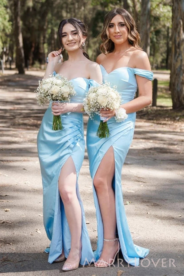 Popular Sky Blue Satin Mermaid Long Cheap Custom Off Shoulder Bridesmaid Dresses, MRB0247