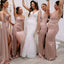 Rose Gold Satin Mermaid Strapless Long Cheap Custom Side Slit Bridesmaid Dresses, MRB0248