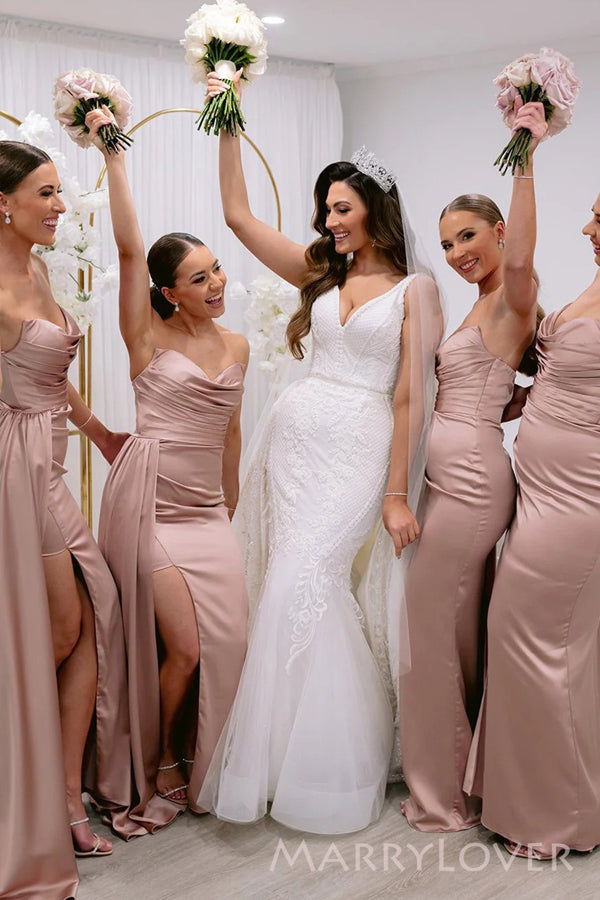 Rose Gold Satin Mermaid Strapless Long Cheap Custom Side Slit Bridesmaid Dresses, MRB0248