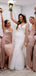 Rose Gold Satin Mermaid Strapless Long Cheap Custom Side Slit Bridesmaid Dresses, MRB0248