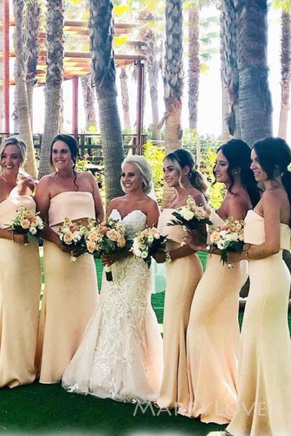 Pretty Yellow Mermaid Strapless Long Custom Bridesmaid Dresses, MRB0259