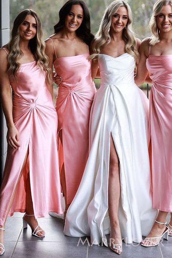 Pink Satin Simple Spaghetti Straps Mermaid Long Cheap Custom Side Slit Bridesmaid Dresses, MRB0276