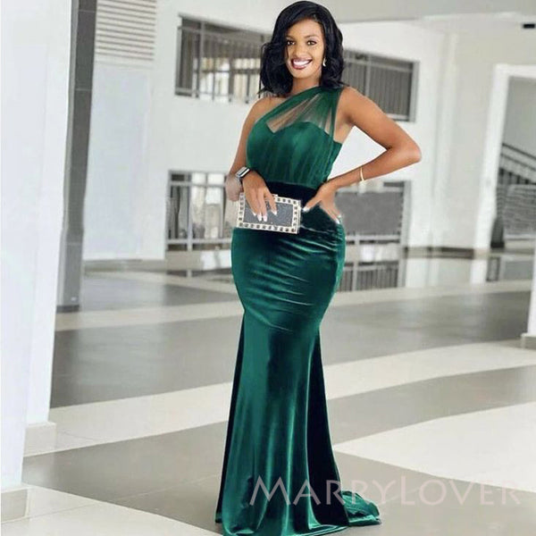 One Shoulder Dark Green Velvet Long Cheap Custom Mermaid Bridesmaid Dresses, MRB0290