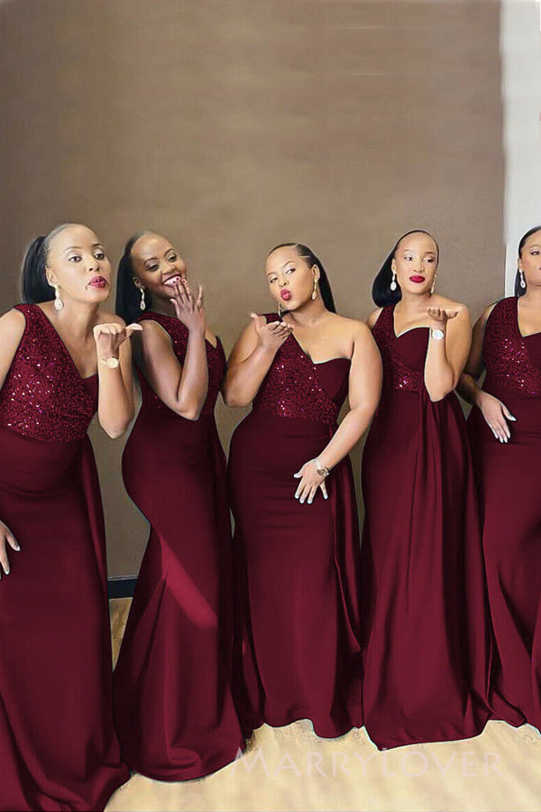 One Shoulder Burgundy Mermaid Long Cheap Custom Bridesmaid Dresses, MRB0294