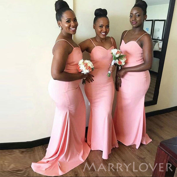Pink Spaghetti Straps Mermaid Long Cheap Custom Sweetheart Bridesmaid Dresses, MRB0296