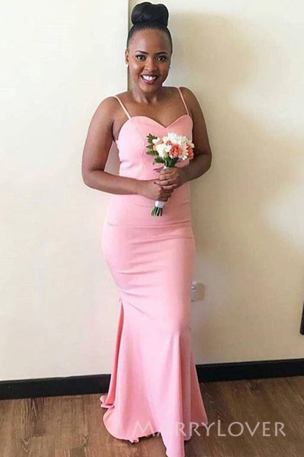 Pink Spaghetti Straps Mermaid Long Cheap Custom Sweetheart Bridesmaid Dresses, MRB0296