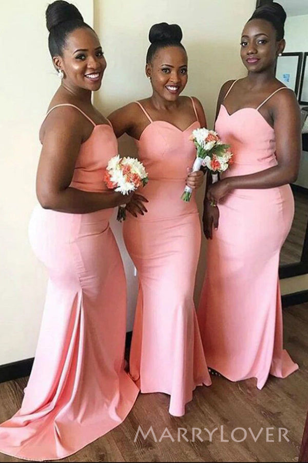 Pink Spaghetti Straps Mermaid Long Cheap Custom Sweetheart Bridesmaid Dresses, MRB0296