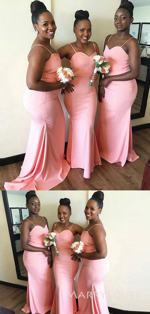 Pink Spaghetti Straps Mermaid Long Cheap Custom Sweetheart Bridesmaid Dresses, MRB0296