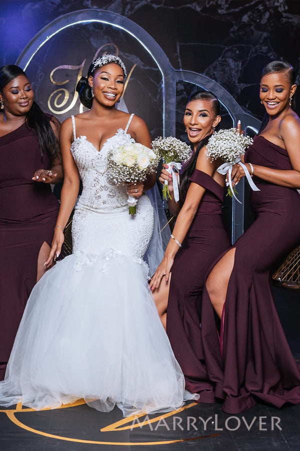 Mismatched Purple Mermaid Long Cheap Custom Side Slit Bridesmaid Dresses, MRB0297