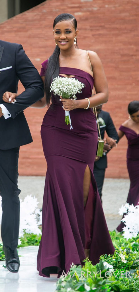 Mismatched Purple Mermaid Long Cheap Custom Side Slit Bridesmaid Dresses, MRB0297