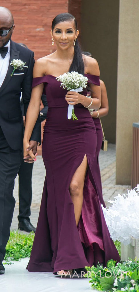 Mismatched Purple Mermaid Long Cheap Custom Side Slit Bridesmaid Dresses, MRB0297