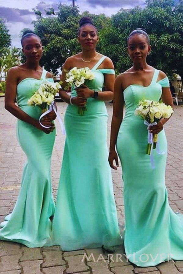 One Shoulder Mint Green Long Mermaid Custom Bridesmaid Dresses, MRB0306