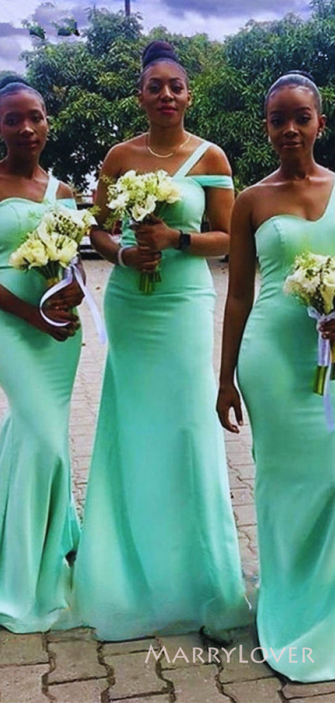 One Shoulder Mint Green Long Mermaid Custom Bridesmaid Dresses, MRB0306