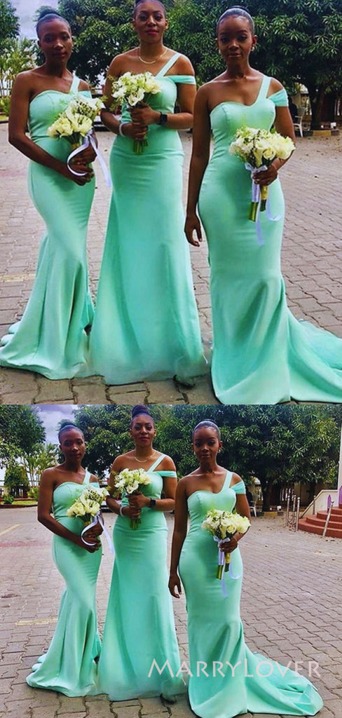 One Shoulder Mint Green Long Mermaid Custom Bridesmaid Dresses, MRB0306
