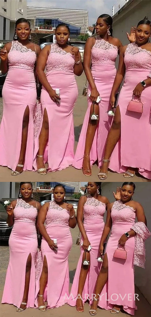 One Shoulder Lace Pink Long Custom Mermaid Bridesmaid Dresses, MRB0312