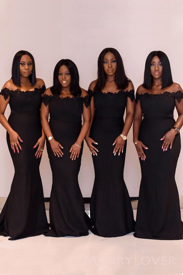Off Shoulder Black Satin Appliques Long Cheap Mermaid Bridesmaid Dresses, MRB0327