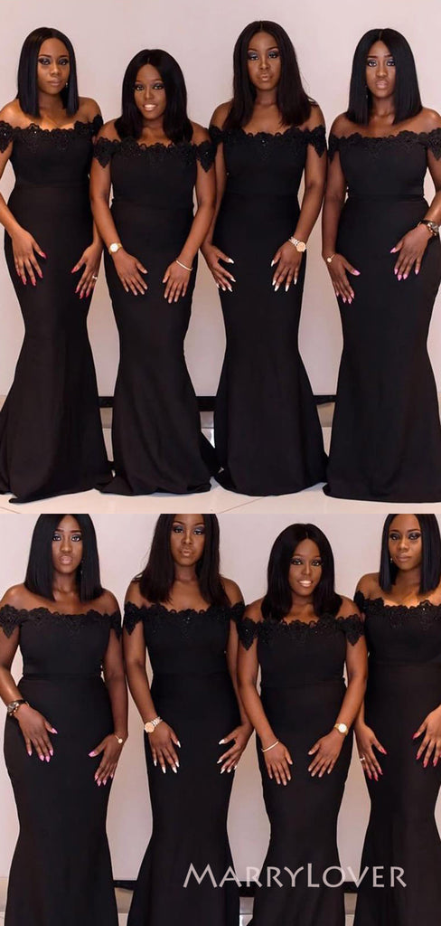 Off Shoulder Black Satin Appliques Long Cheap Mermaid Bridesmaid Dresses, MRB0327