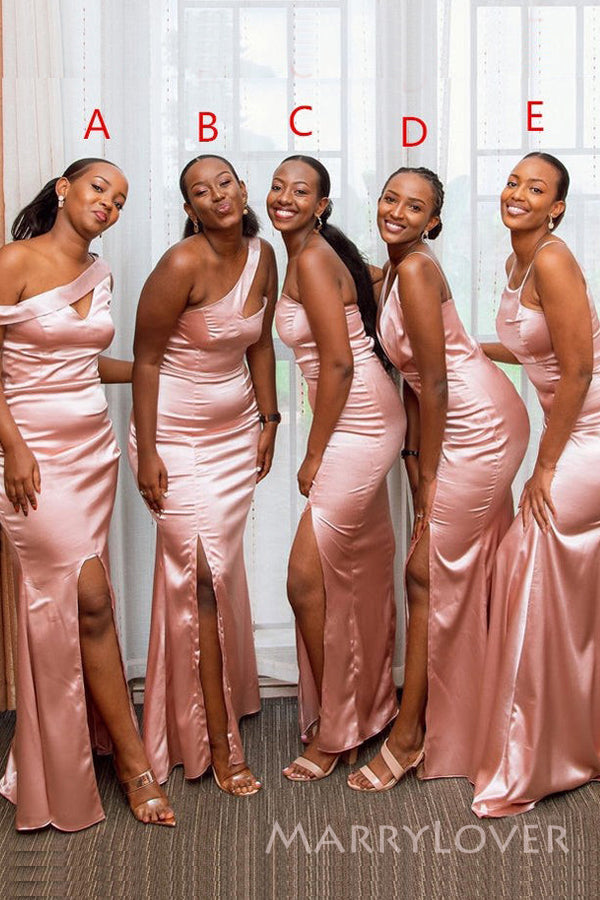 Mismatched Pink Satin Mermaid Long Cheap Side Slit Bridesmaid Dresses, MRB0329