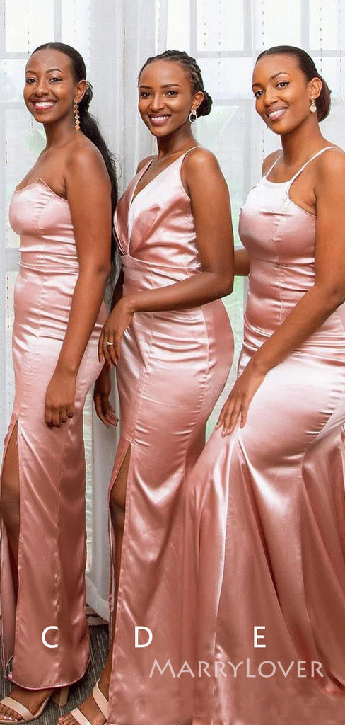 Mismatched Pink Satin Mermaid Long Cheap Side Slit Bridesmaid Dresses, MRB0329