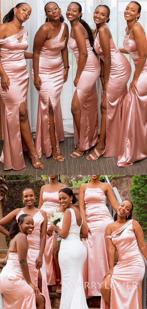 Mismatched Pink Satin Mermaid Long Cheap Side Slit Bridesmaid Dresses, MRB0329