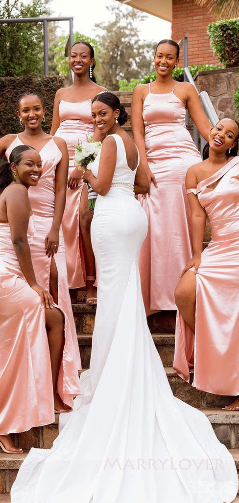Mismatched Pink Satin Mermaid Long Cheap Side Slit Bridesmaid Dresses, MRB0329