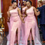 One Shoulder Pink Satin Tulle Long Cheap Mermaid Side Slit Bridesmaid Dresses, MRB0330