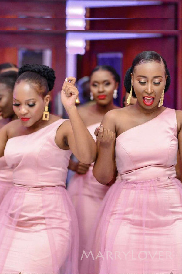 One Shoulder Pink Satin Tulle Long Cheap Mermaid Side Slit Bridesmaid Dresses, MRB0330