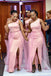 One Shoulder Pink Satin Tulle Long Cheap Mermaid Side Slit Bridesmaid Dresses, MRB0330