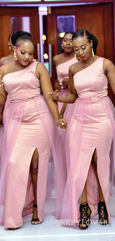 One Shoulder Pink Satin Tulle Long Cheap Mermaid Side Slit Bridesmaid Dresses, MRB0330