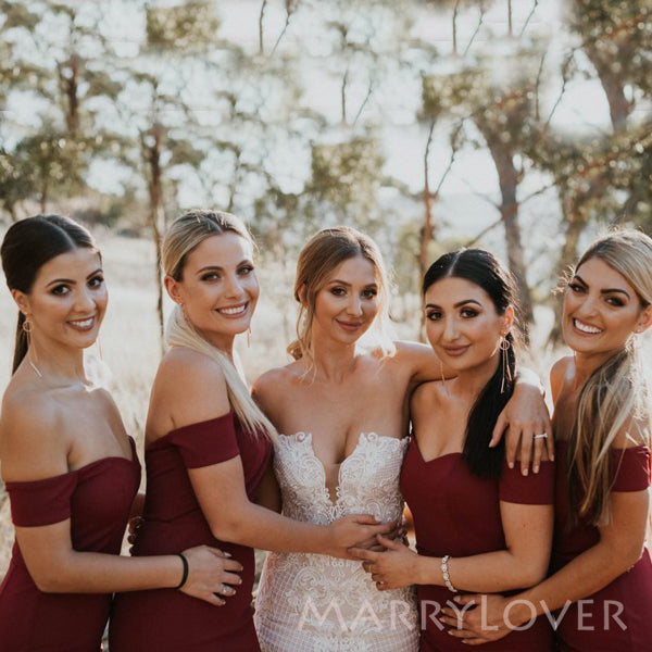 Off Shoulder Burgundy Mermaid Long Cheap Custom Satin Bridesmaid Dresses, MRB0338