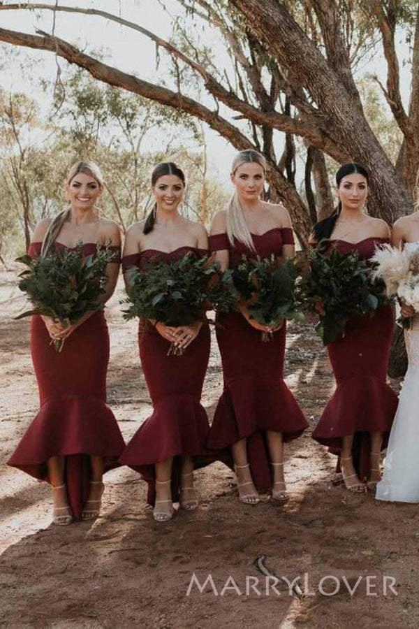 Off Shoulder Burgundy Mermaid Long Cheap Custom Satin Bridesmaid Dresses, MRB0338