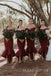 Off Shoulder Burgundy Mermaid Long Cheap Custom Satin Bridesmaid Dresses, MRB0338