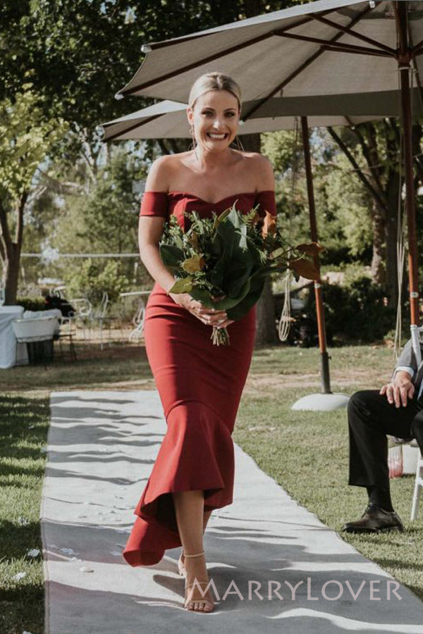 Off Shoulder Burgundy Mermaid Long Cheap Custom Satin Bridesmaid Dresses, MRB0338